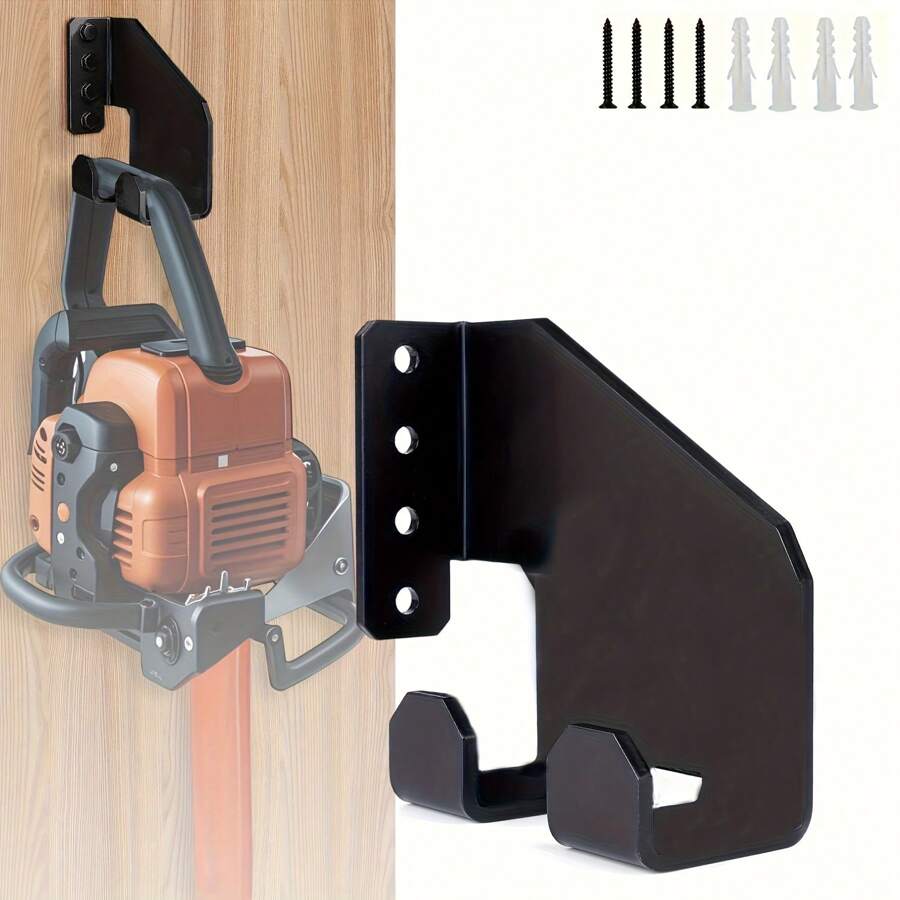 Soporte para herramientas de uso intensivo - Gancho para soplador de hojas, estante de pared de metal extra grande de uso intensivo, con orificios pretaladrados, para garaje, taller, uso profesional y doméstico, ahorro de espacio, organizador de motosierra (negro), organización de herramientas, diseño resistente, construcción duradera, coleccionista de herramientas, estantería de almacenamiento