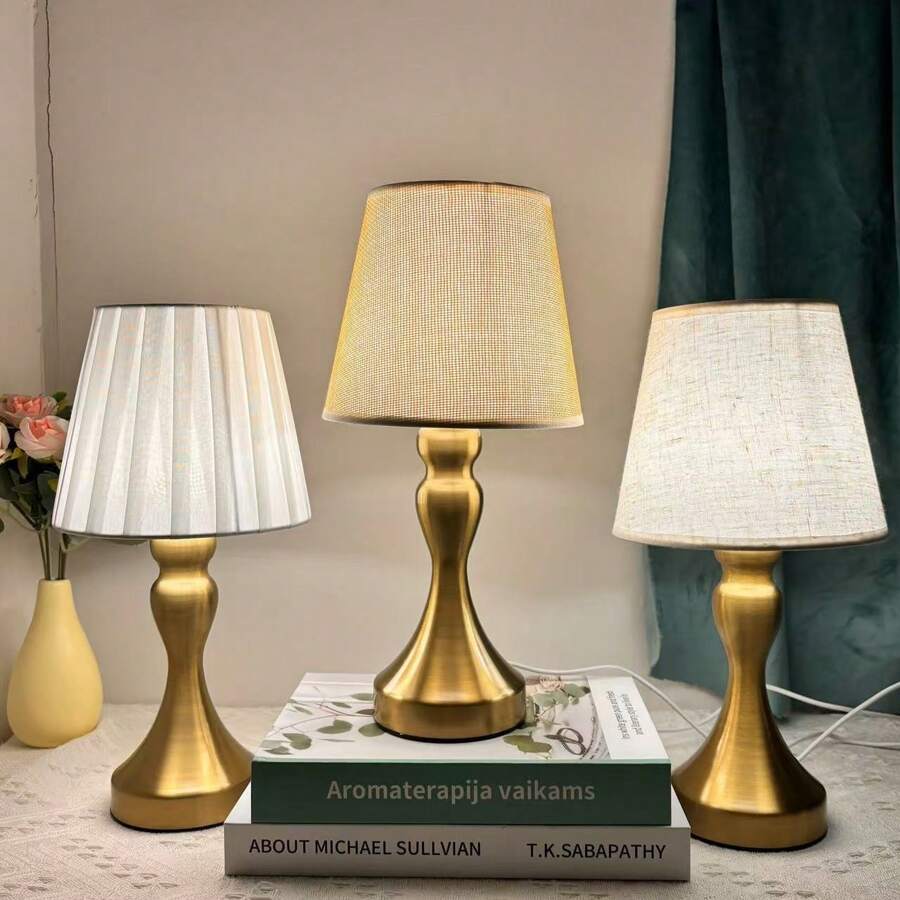 1pc Modern LED Desk Lamp, Dimmable Soft Light, Handmade Fabric Lampshade, Polished Metal Base, USB Powered Decorative Table Lamp For Bedroom, Living Room, Reading