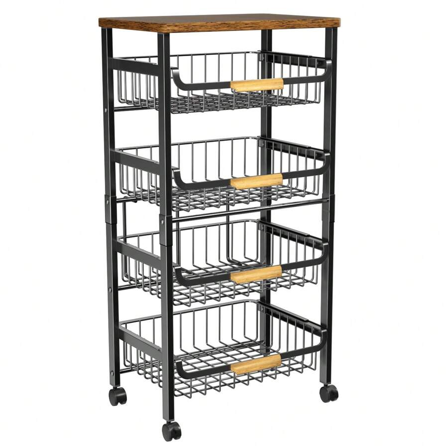 5 Tier Rolling Storage Trolley On Wheels, Large Capacity Kitchen Trolley, Mobile Utility Trolley With Wooden Table Top And Mesh Basket, Bathroom, Laundry Room