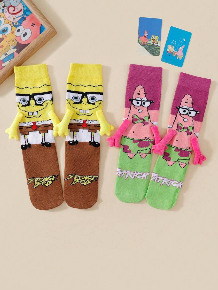 SPONGEBOB 1/2 Pair Cute Cartoon SpongeBob Magnetic Couple/Best Friends Mid-Calf Socks, Fashionable Daily Casual Wear & Date Outfit