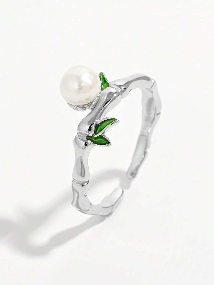 1 Stück eleganter und modischer minimalistischer klassischer glänzender 925er Silber Perlen-eingelegt Bambus Design verstellbarer offener Ring, Schmuckgeschenk als Partyzubehör für Frauen