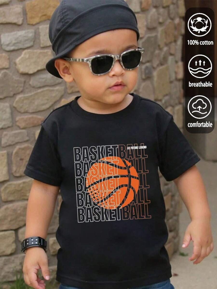 Alfabeto da basket, T-shirt da bambino in cotone a coste, stile college, nuova primavera ed estate, top sportivi drappeggiati, morbidi e traspiranti, a maniche corte per bambini