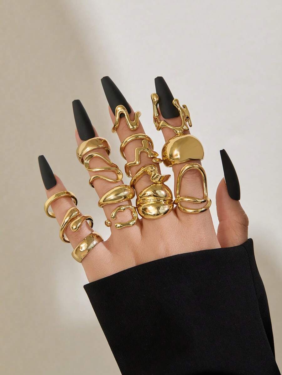 15 Stücke/Set geometrische Cut Out Metallringe, asymmetrisches Design, einfache minimalistische Damenringe, geeignet für den täglichen Gebrauch oder Urlaubsperioden