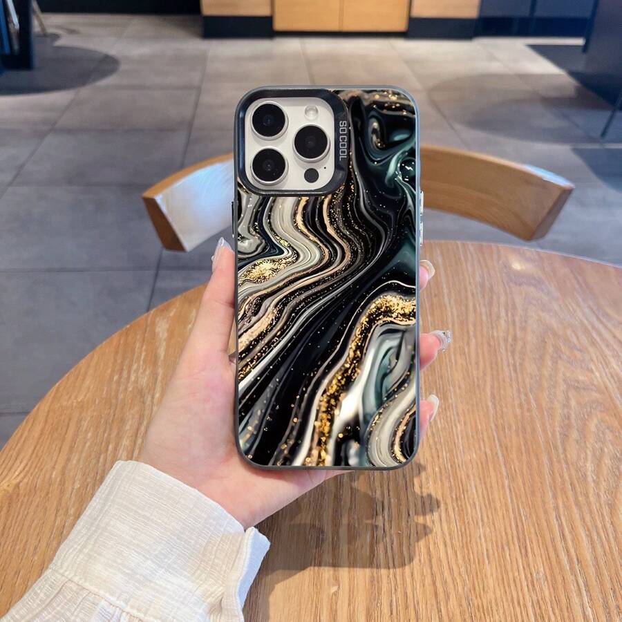 1pc Matte IMD Material Black & Green Marble Pattern Luxury Phone Case Compatible With IPhone 11, 12, 13, 14 Plus, 15 Pro Max, 16 Pro, 12 Mini, XS Max, 11 Pro Max, S25 Ultra, S24, S23 FE, A56, A55, A54, A16, A36, A06, A05, A15, Redmi 13C, 14C