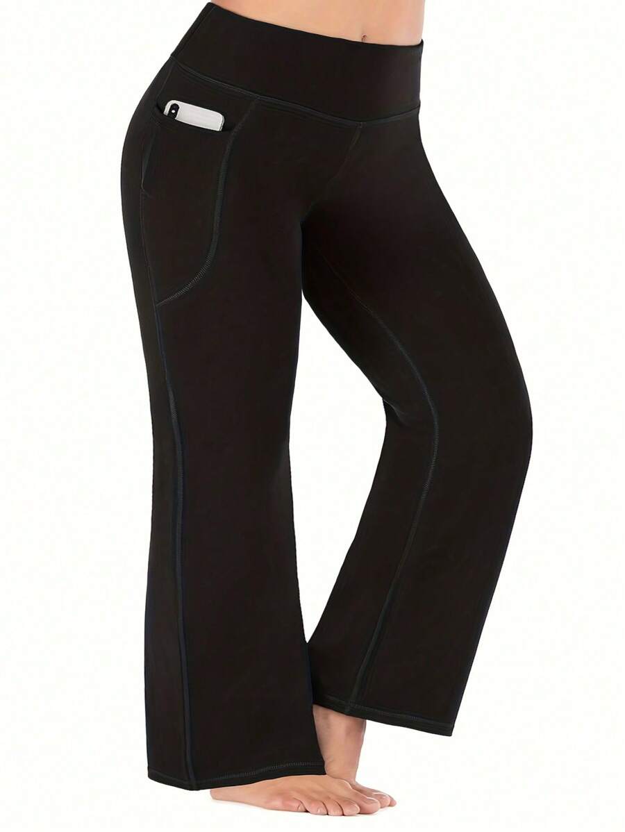 Calças de Yoga com Boca de Sino de Cintura Alta com Bolsos para Mulheres, Calças de Trabalho com Boca de Sino, Calças de Fitness