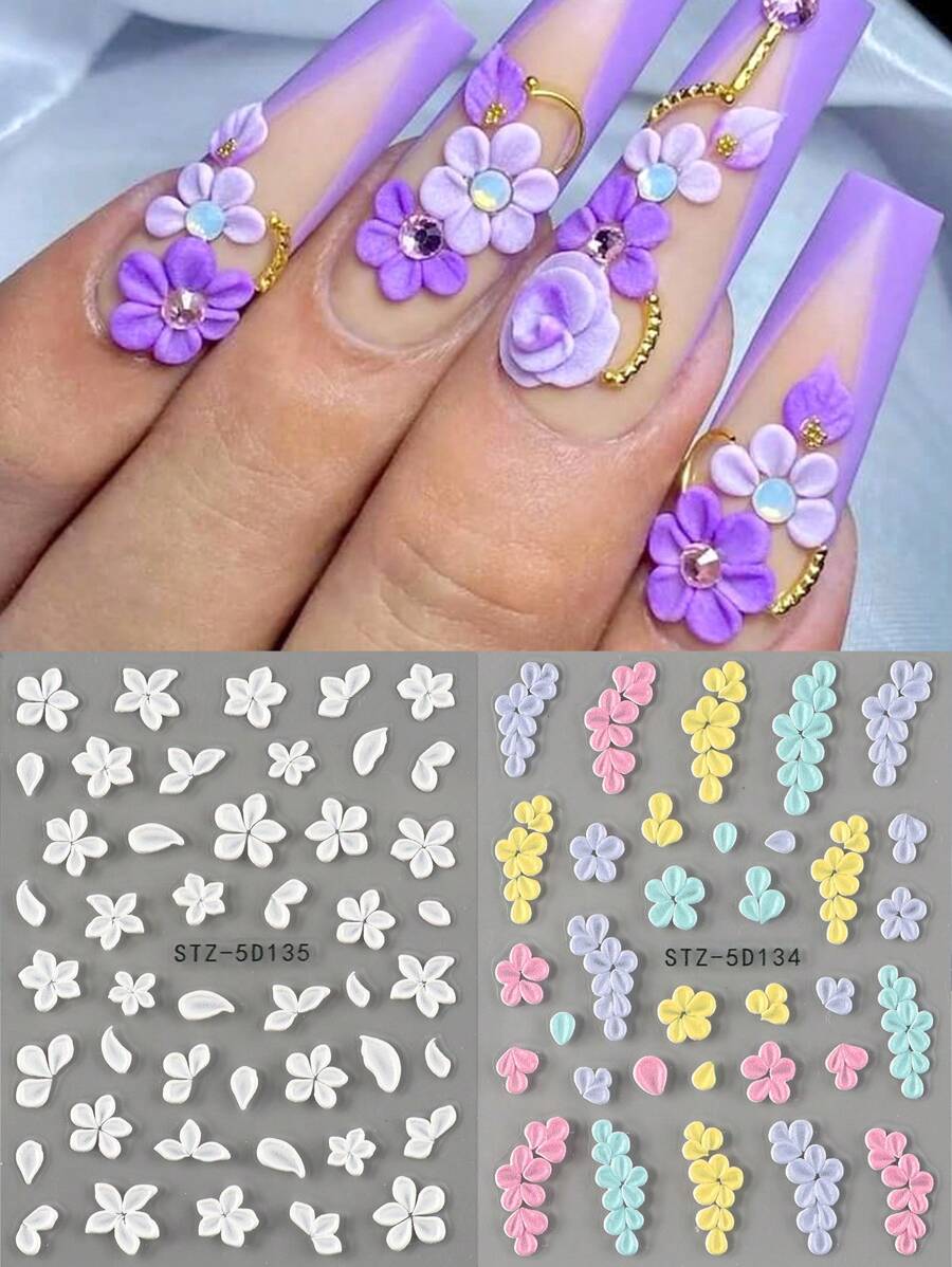 FULL BEAUTY 2 Stück 5D geprägte Fünf-Blüten-Nagelkunst-Aufkleber, bunte Blüten-Charms für Herbst und Winter, selbstklebende Nageldekore, weiße Nägel, Hochzeit Maniküre Dekorationen, Nagelzubehör