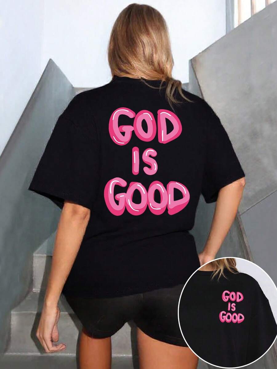 Große Größen "Gott ist gut" Christlicher Frauen Rundhals Kurzarm T-Shirt, bequeme lässige Passform, rosa Schriftzug Grafik vorne und hinten, minimalistische Stil Bekleidung