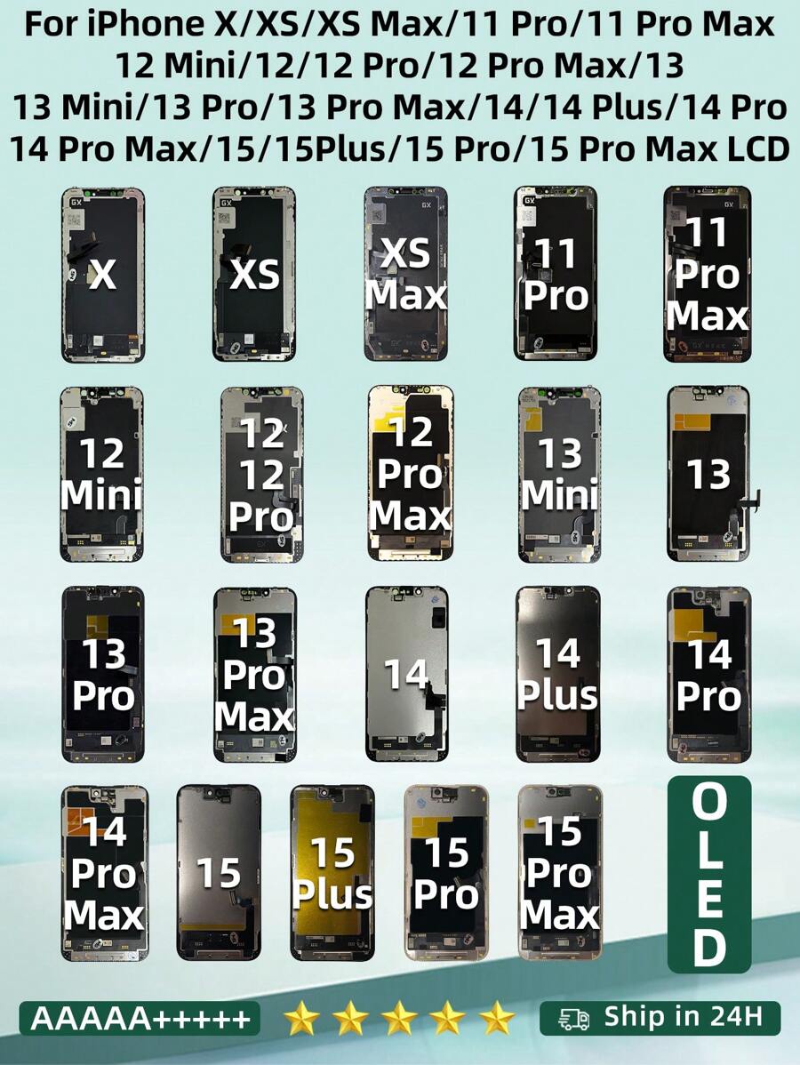 Écran OLED pour les modèles X, XS Max, 11 Pro Max, 12 Mini, 13, 13 Pro, 14 Pro Max. Écran LCD et numériseur tactile de rechange pour 15, 15 Pro Max, 16