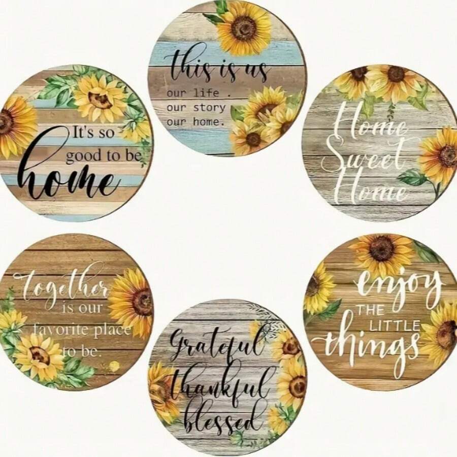 6-Piece Set, Retro Sunflower Inspired Wooden Coaster, Heat-Resistant, Non Slip, Washable, Suitable For Kitchen, Home And Restaurant Decoration, Halloween, Christmas Decoration