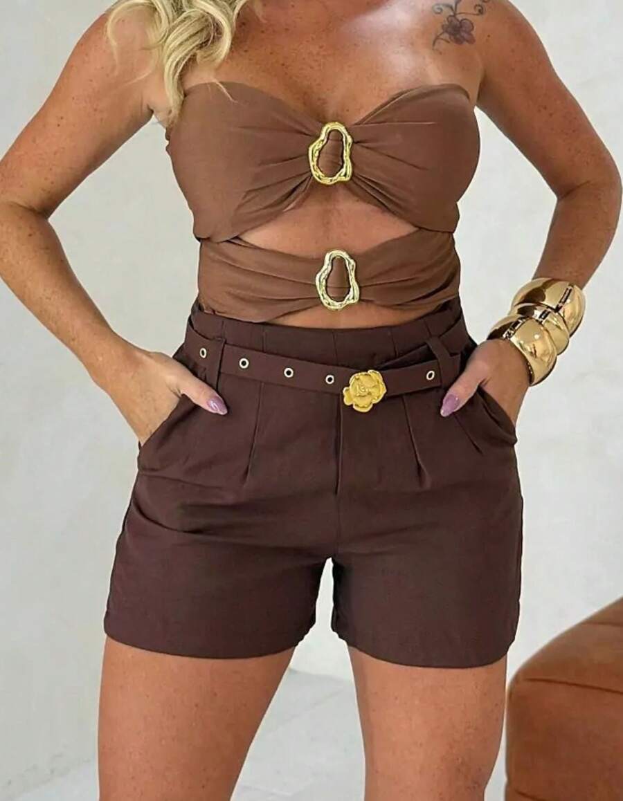 Short Feminino Flor Alfaiataria Com Cinto Moda Bloguerinha Verão