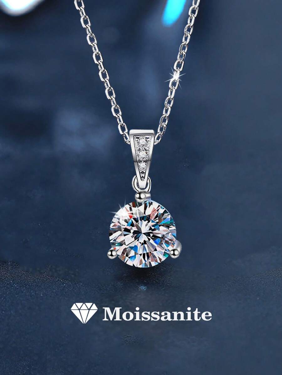 1pc Luxury 925 Sterling Silver 1 Carat 6.5mm Moissanite Necklace, Suitable For Women's Daily Wear, Party, Vacation, Valentine's Day, Mother's Day, Wedding Anniversary, Birthday, New Year Gift