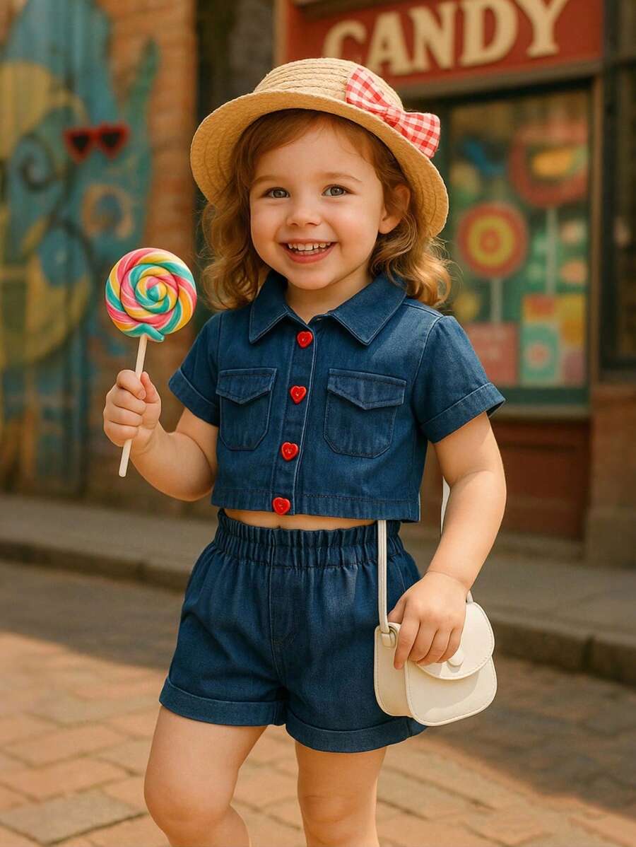 H HIBOBI 2 peças/Conjunto Top Utilitária Azul de Manga Curta & Shorts Peplum para Menina Jovem, Primavera/Verão