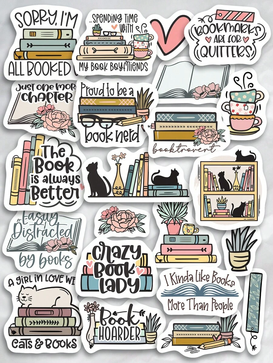 2 jeux de 22 designs de stickers assortis pour la rentrée scolaire. Stickers de livres, chats, citations pour les amateurs de livres, les lectrices et les enseignants.
