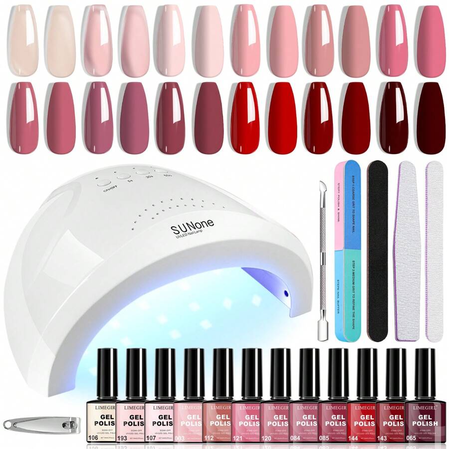 Kit de esmalte de uñas en gel LIMEGIRL de 19 piezas con lámpara UV, 12 colores de esmalte en gel de la serie rosa y roja, juego de manicura para mujeres y niñas