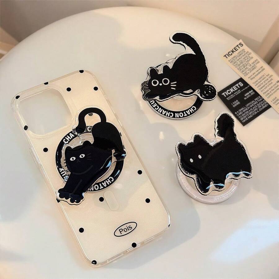 1 pieza Soporte magnético para teléfono con diseño de gato negro personalizado, compatible con carcasas magnéticas de Apple, Honor, VIVO, OPPO, de fuerte adherencia, ajustable, de diseño minimalista y portátil para escritorio, unisex