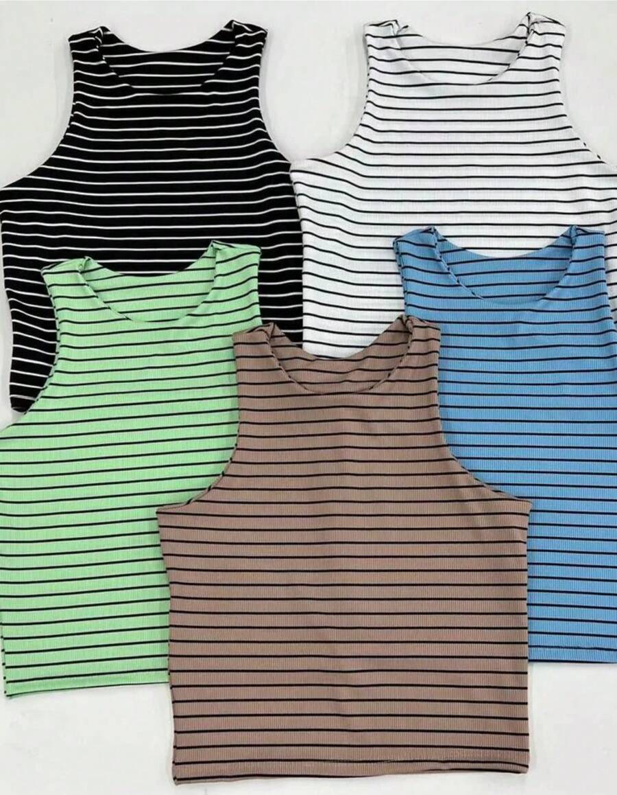 kit 5 Cropped Blusinha Listrada Canelado Moda Feminina Verão Pano Diário Primavera/Verão