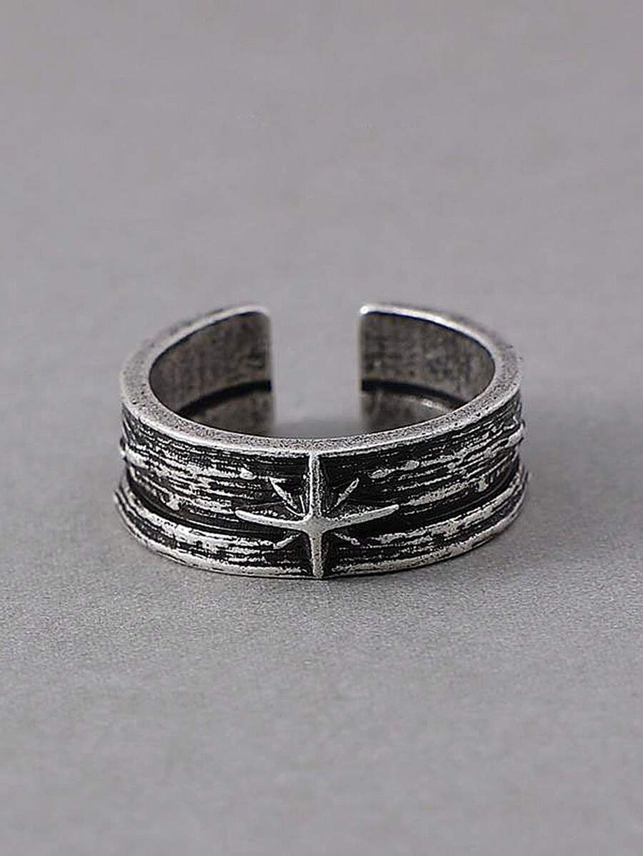 1pc Vintage Starry Night Men's Adjustable Open Ring, Silver Punk Gothic Style Handmade Neutral Jewelry Gift