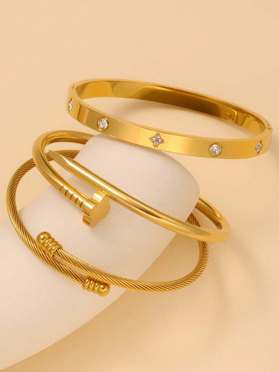 3 Stück 18 Karat vergoldete Edelstahl Glücksklee Armbänder, geeignet für modische Edelstahl Blumen Armbänder, mit kubischem Zirkonia besetzt, wasserdicht, europäischer Stil Damenschmuck für Handgelenk, Lässig, Hochzeit, Party, Valentinstag Geschenk, Mutter, Muttertag, Sommer Geschenk für Frauen