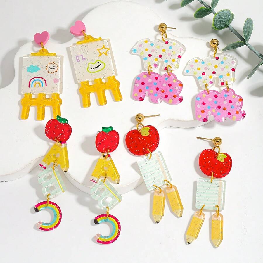 2 Pairs Of Cute And Interesting Acrylic Letters Abcfruit Earrings, With A Artistic Style Design In The Shape Of An Apple Pencil Earrings. Suitable For Daily Use, For Special Occasions, For Dates, Or As Gifts.