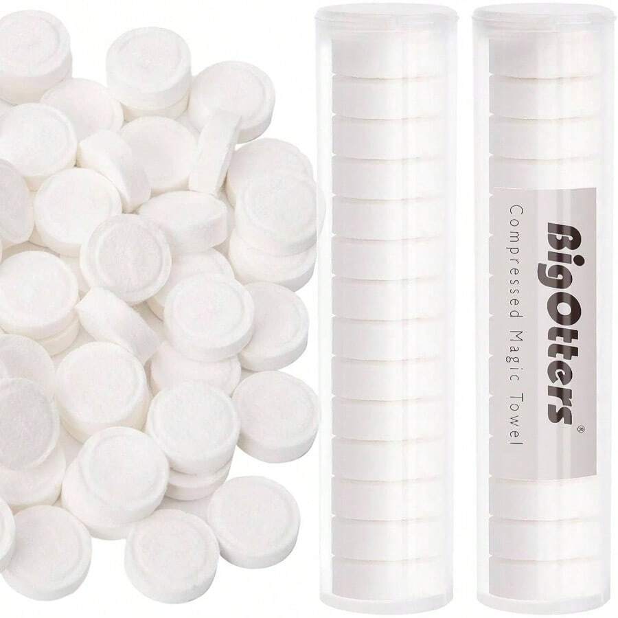 BigOtters Compressed Towels, 100PCS Disposable Fa Towels For Travel Expandable Wipes Tablets With 2PCS Tube Containers For Survival Gear And Supplies Outdoors Camping Hiking Hotel