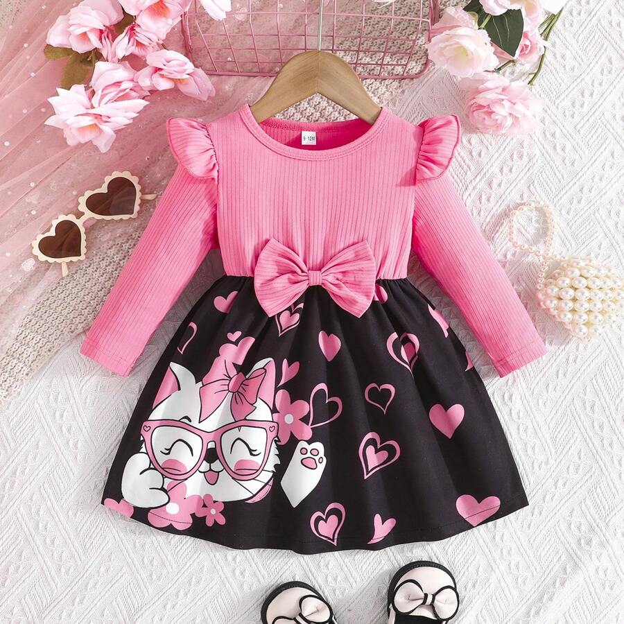 Baby GirlHeart, Glasses, Bow, Kitty Graphic Long Sleeve Cute Mini Dress For Spring And Autumn, Valentine's Day