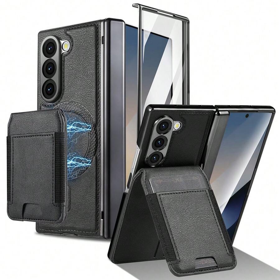 VIETAO Funda protectora de teléfono de piel sintética con ranura para 4 tarjetas desmontable magnética, compatible con Samsung Galaxy Z Fold 7 6 5 4 3, con protector de pantalla de vidrio templado y cubierta de teléfono chapada