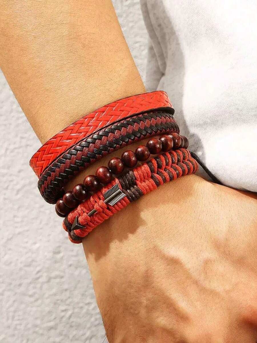 1pc, Fashion Vintage Men's Leather Bracelet Cupid's Arrow Wooden Beaded Leather Hand Woven Retro Fashion Bracelets For Men