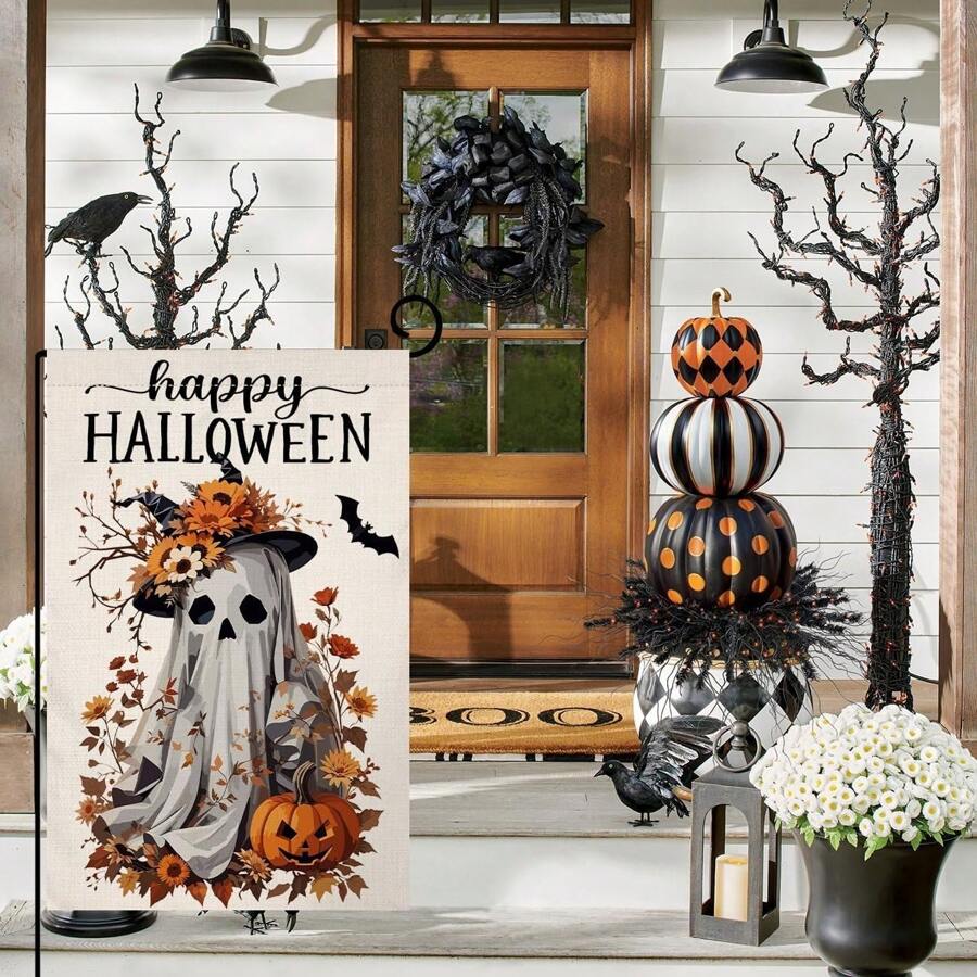 1 pieza - Bandera de jardín vertical de poliéster en NEGRO y BLANCO para Halloween - Diseño de fantasma y calabaza floral, decoración exterior gótica de otoño, bandera impermeable para el porche espeluznante y la decoración de otoño