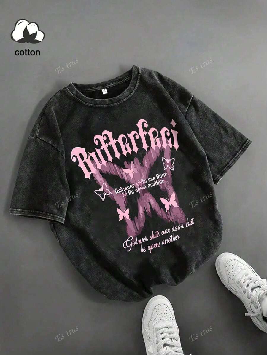Es Trus Coton, T-shirt court à col rond noir bien ajusté, style punk régulier, lavé, style de mode rétro coréen confortable, imprimé personnalisé "Lettre papillon rose", style de rue polyvalent Y2k, convient aux loisirs en plein air, pour femmes