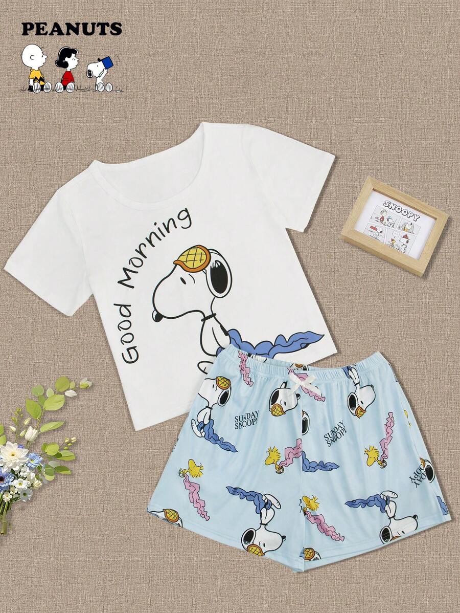 SNOOPY Authorized PEANUTS Snoopy Casual Round Neck Snoopy Printed Short Sleeved Top And Shorts Women's 2 Pieces Set Outfit