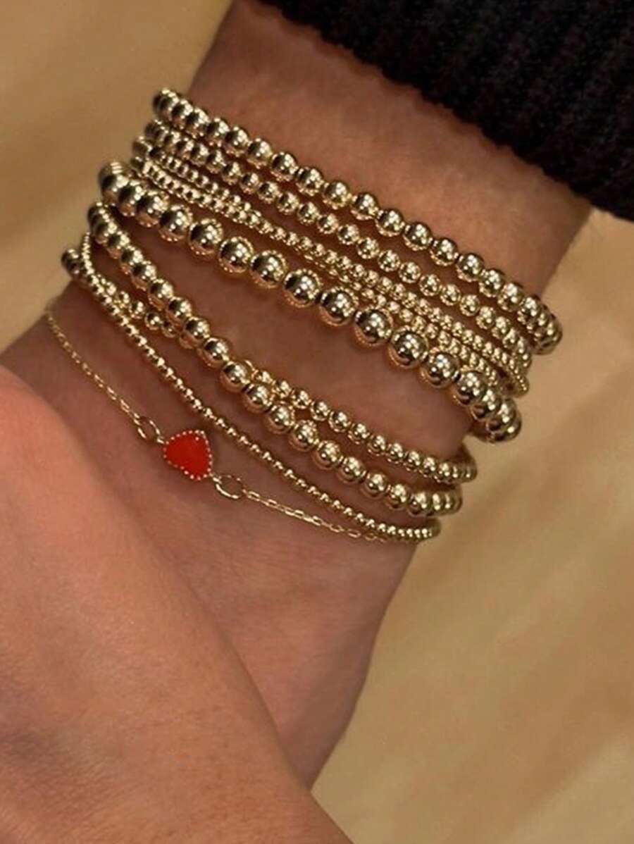 9pcs Fashionable Delicate Gold CCB Beaded Heart Decor Multi-Layer Stacking Bracelet Set, Friendship Bracelet Suitable For Women Daily, Date, Party, Festival Gift
