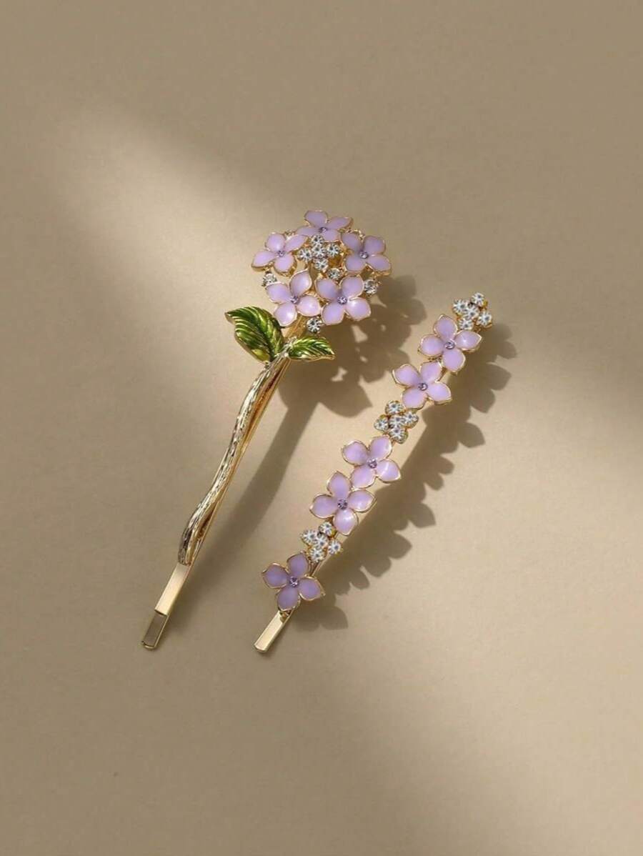 2pcs A Delicate Wisteria Flower Hair Clip With Diamonds Elegantly Sets Shows The Perfect Blend Of Elegance And Fashion. The Daily Commute To Attend The Party, The Easy To Match With A Variety Of Hairstyles, And The Elegant Low Ponytail Can Make You Show A Unique Temperament. The Ideal Gift For Yourself Or Your Loved Ones, With Beauty And Tenderness Always With You., Claw Clips, Clips For Hair, Hair Slide, Hair Claws