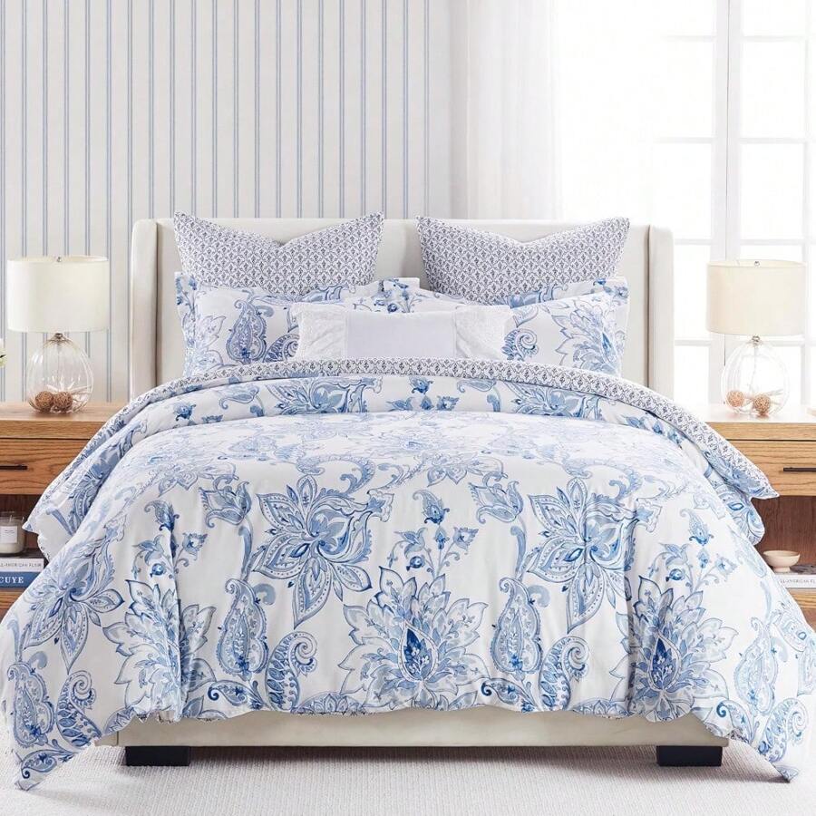 Levtex Home - Benette Comforter Set - Twin Comforter + One Standard Pillow Cases - Floral Paisley - Blue And White - Comforter (68 X 88in.) And Pillow Case (26 X 20in.) - Cotton