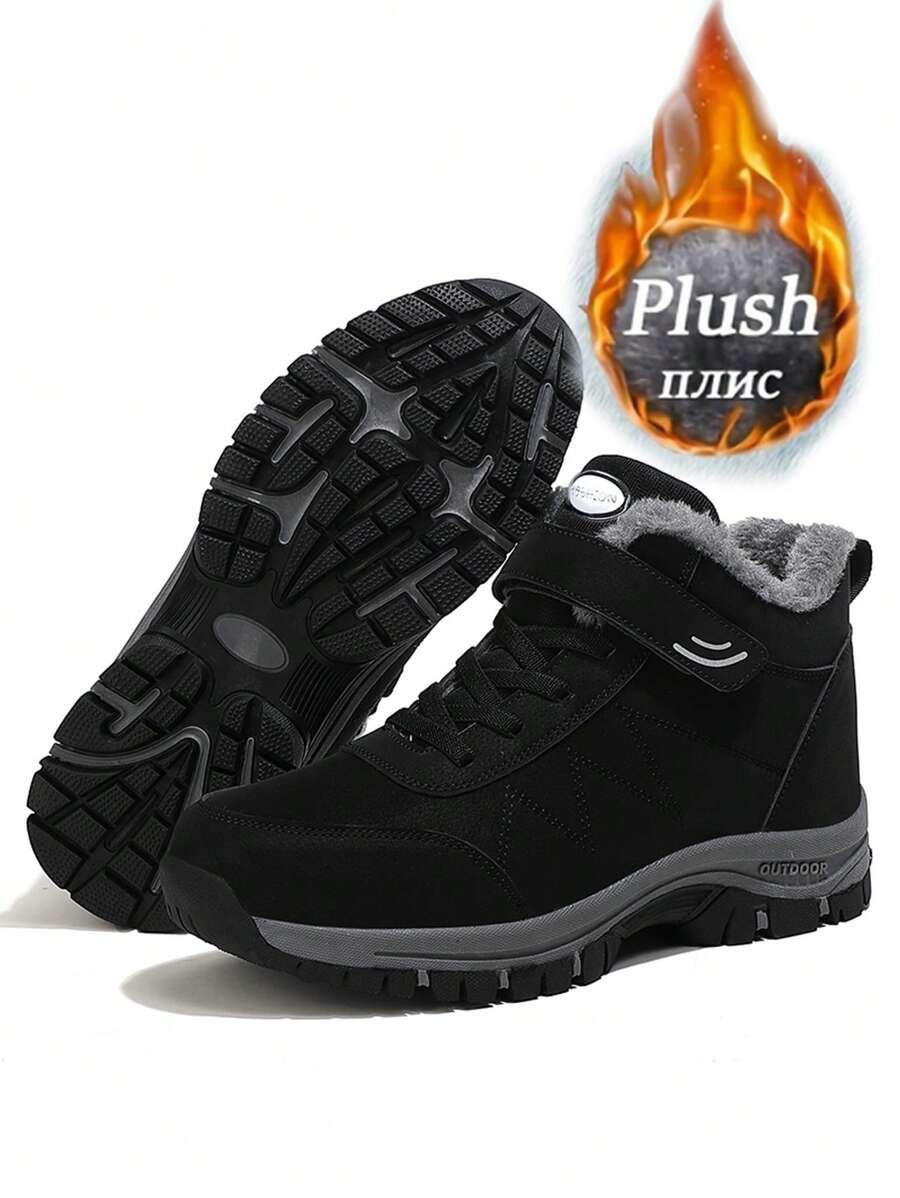 1 Pair Men's Thick Fleece Snow Boots, 2025 Winter New Plus Size Elderly Shoes High-Top Short Tube Boots, Middle-Aged Thick Warm Walking Shoes, Unisex Snow Boots