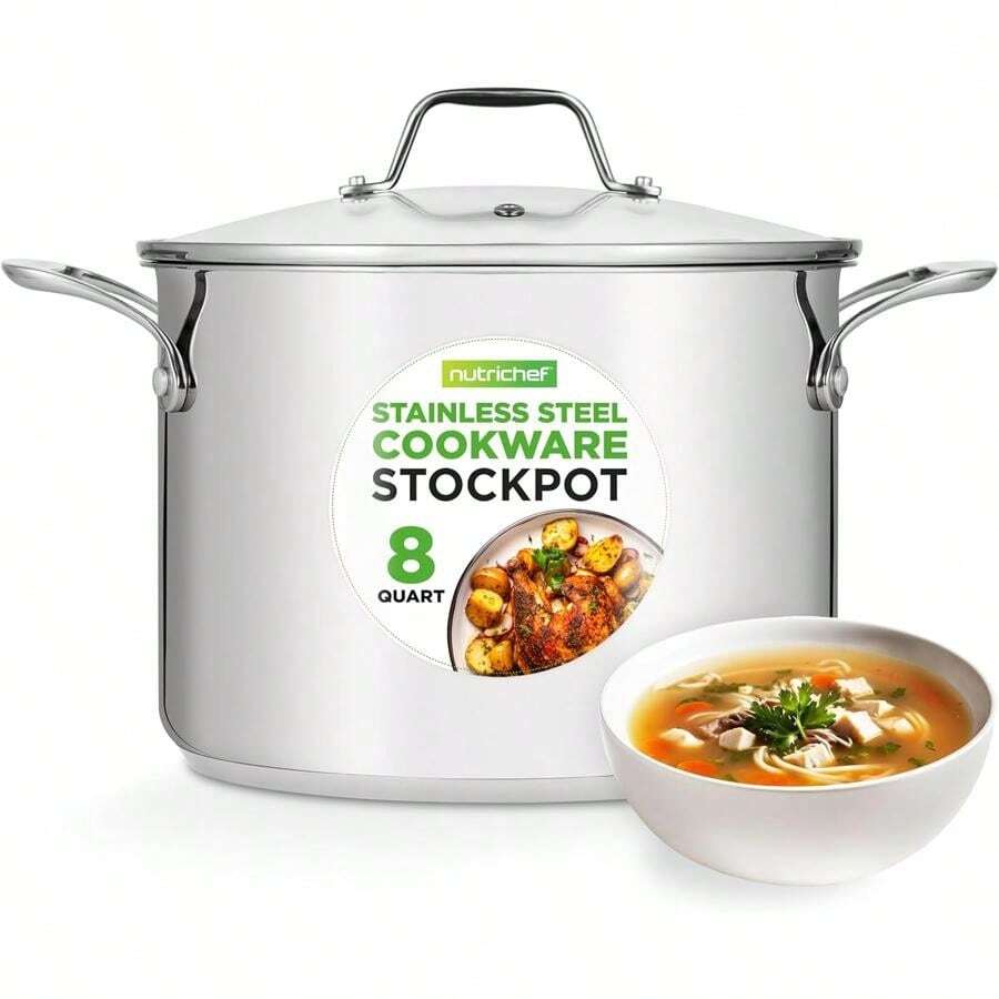 8-Quart Stainless Steel Stock Pot - 18/8 Food Stainless Steel Heavy Duty Induction - Stock Pot, Stew Pot, Simmering Pot With See-Through Lid, Dishwasher Safe