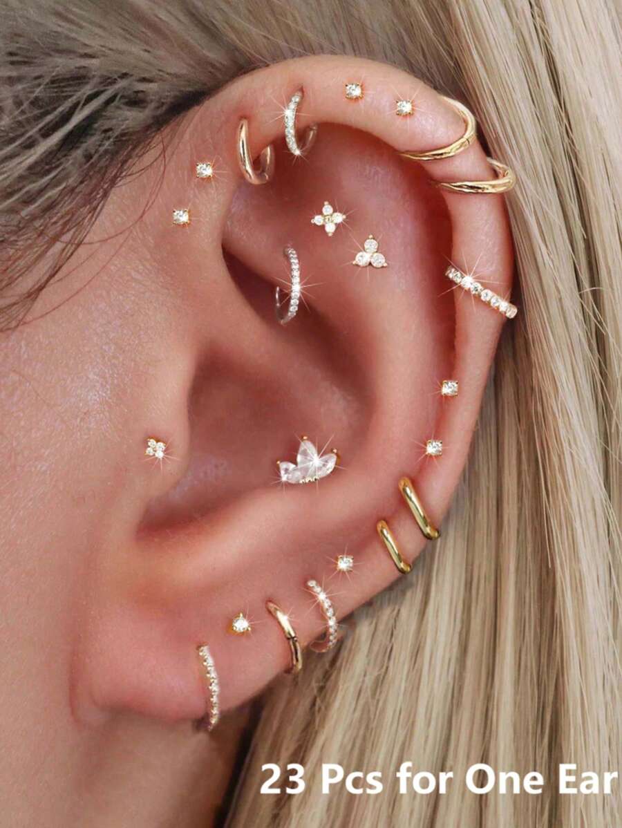 23pcs Women's Gold Hoop Earrings Set, Multi-Element Stacking Hypoallergenic Gold Stud Earrings Jewelry, Fashionable CZ Cartilage Earrings Earring Combo, Suitable For Daily Outings, Women's Daily Outfits