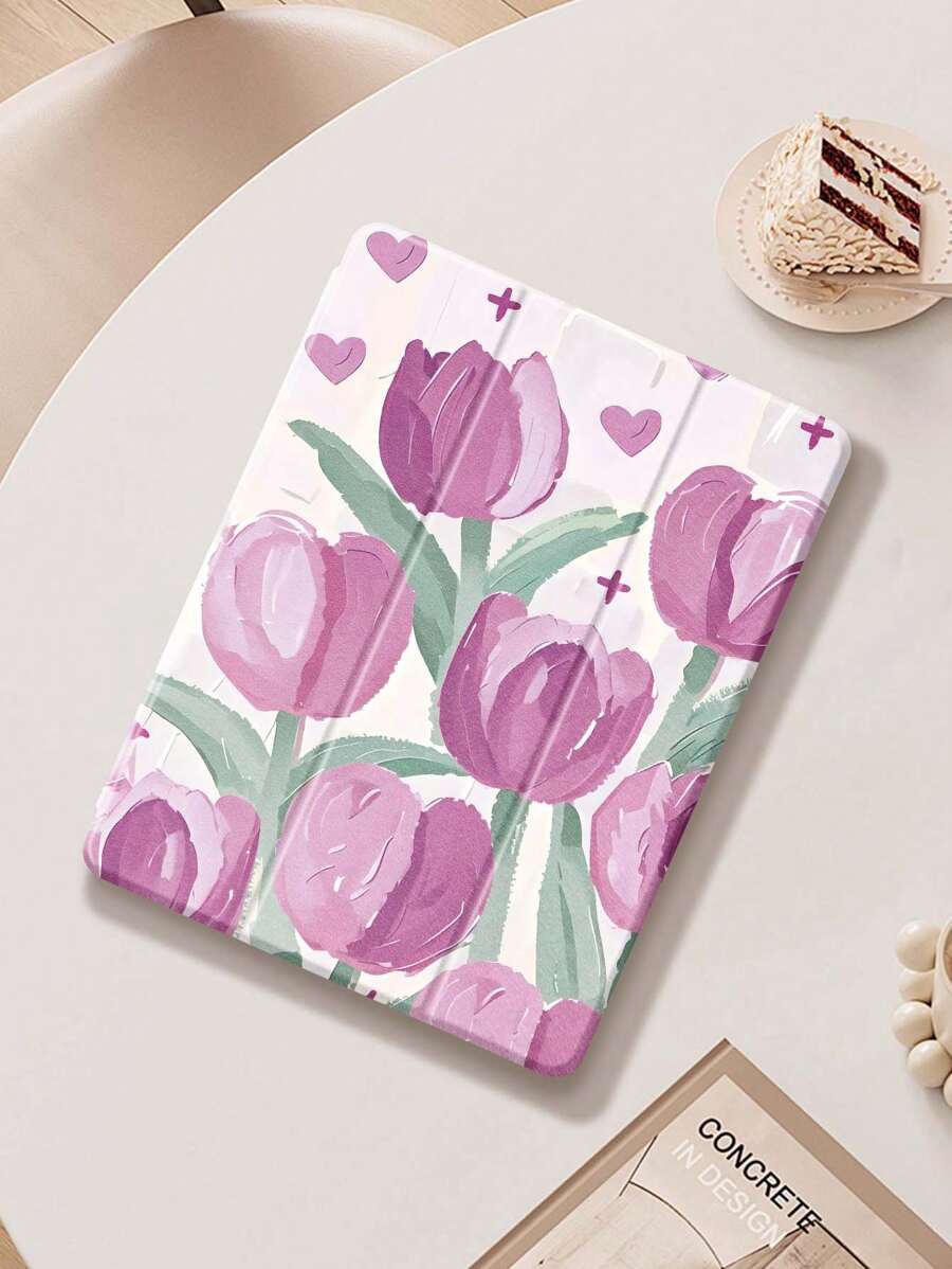 Light Purple Oil Painting Tulip Print IPad Case Compatible With IPad (A16) 11th Generation 11 Inch 2025, Apple IPad Air 11(2025), For IPad 10th Generation Case 10.9 Inch 2022 With Pencil Holder, Trifold Stand Protective Cover, Auto Wake/Sleep, Cute Gift For Back-To-School, Valentine's Day, Holidays