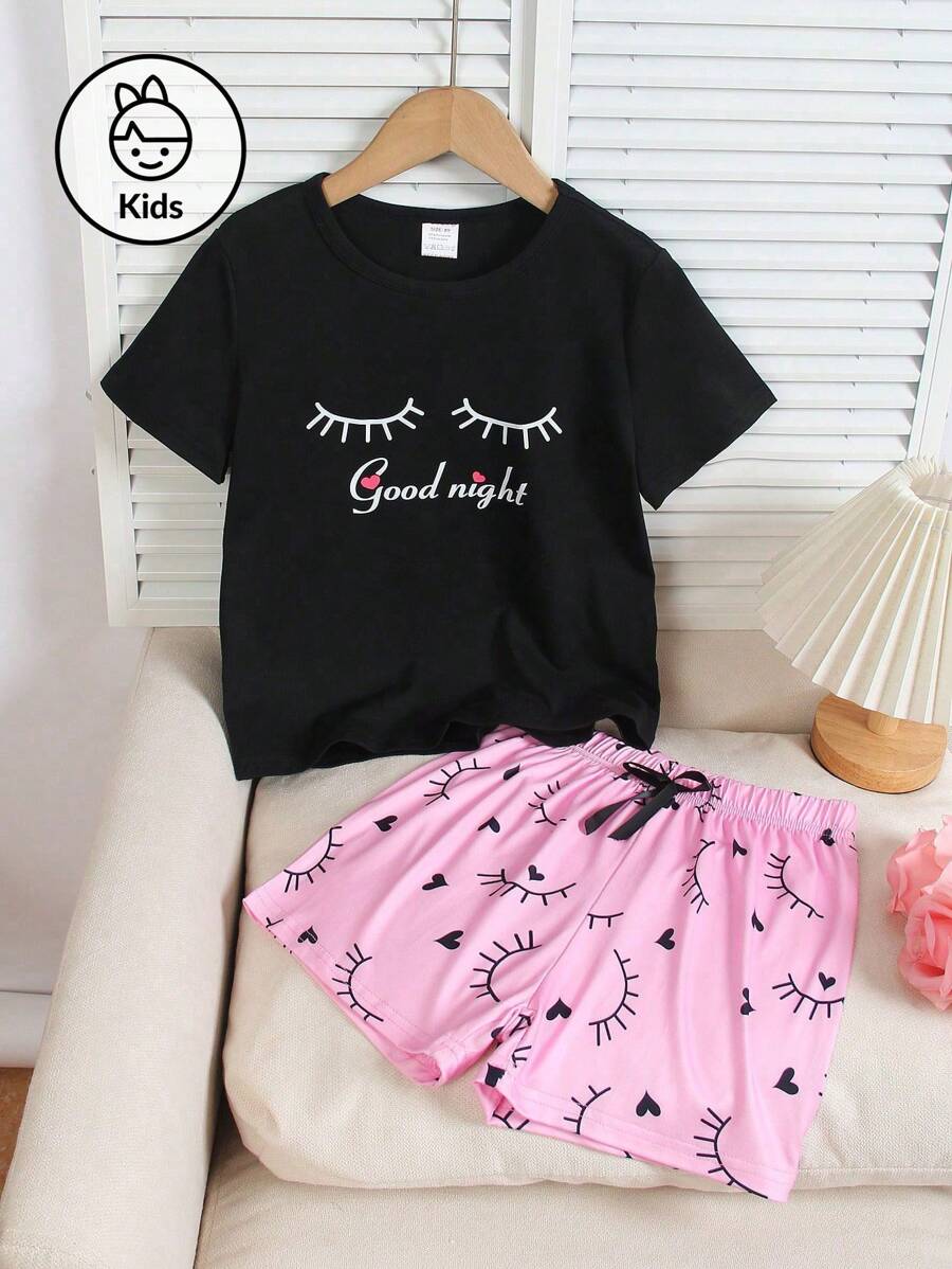 Set de 2 piezas de pijama informal para niñas con camiseta de manga corta y pantalones cortos: Ropa de casa con estampado de letras lindas, nueva llegada 2025, para niñas grandes