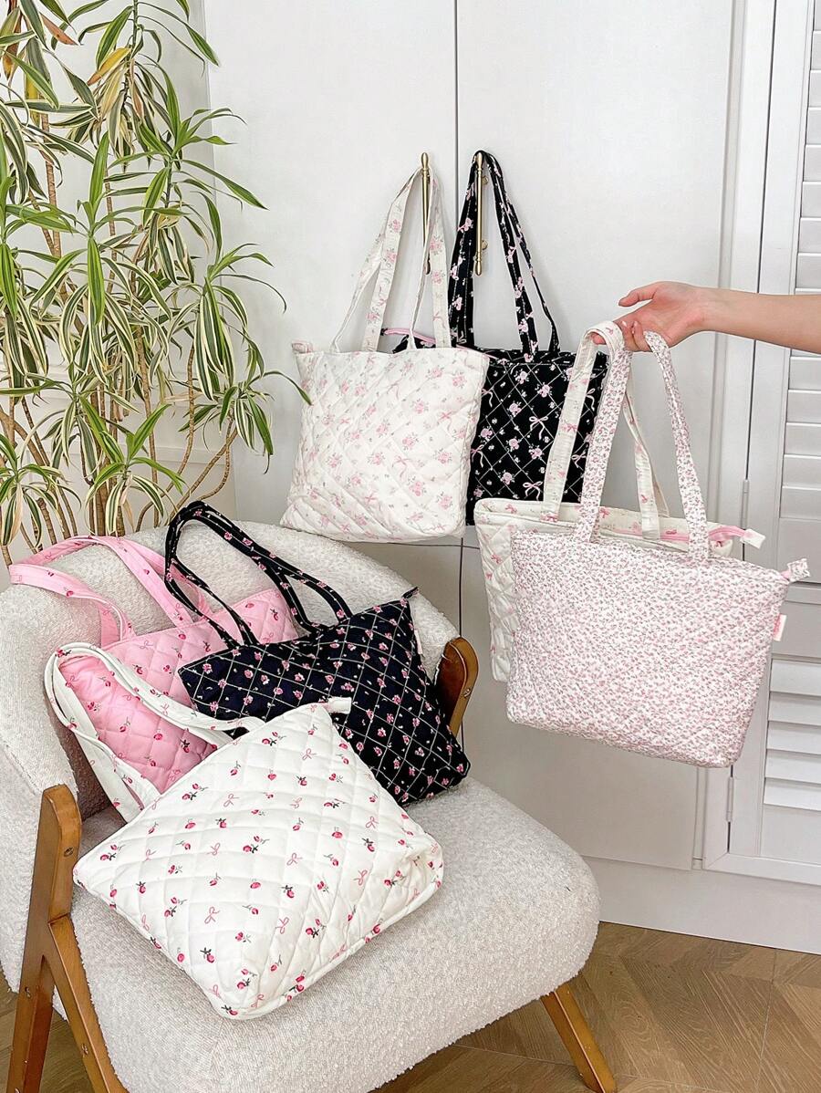 1 Pieza Bolso de tote acolchado con diseño floral, de gran capacidad, con correa de hombro, bolso de tote acolchado, bolso de tote de correa corta, bolsa escolar, bolso de hombro acolchado a cuadros, bolso de tote, diseñador para mujeres y niñas, bolso de mano acolchado y abultado, bolsos esenciales de viaje para mujeres, bolso de viaje indispensable, accesorios de bolso adecuados para ir al trabajo, la escuela y viajar