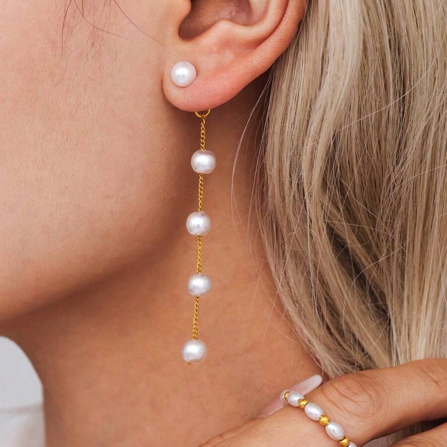 1 Pair Stainless Steel 18K Plated Pearl Earrings, Minimalist Design Suitable For Festivals, Parties, Dates, And Office Wear