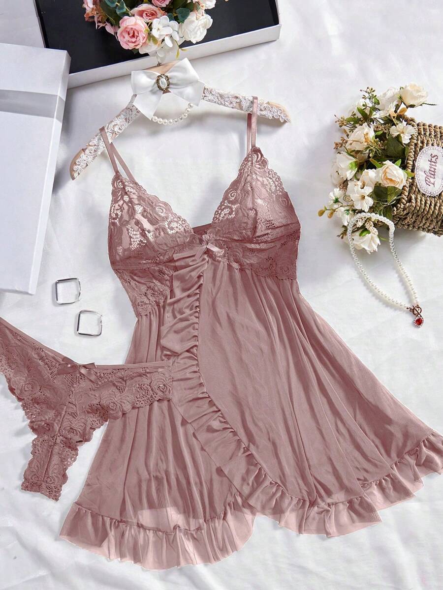 Conjunto de dos piezas con escote en V sexy y ribete de encaje, pijamas sexy para mujer, bata con abertura alta que revela los muslos