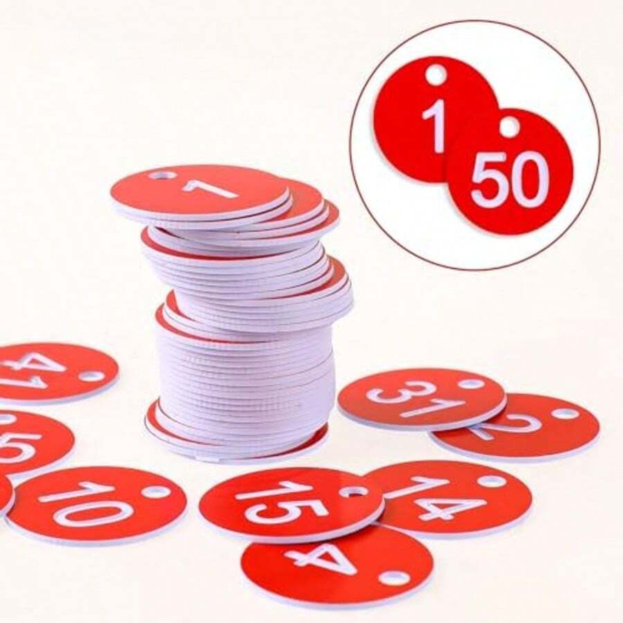 50 Stücke Kunststoff-ID-Schilder, Kunststoff-Nummern-Schilder mit Gravur, Nummern-Markierungsschilder 1-50 in verschiedenen Farben, nummerierte Schilder mit rundem Loch zum Aufhängen, Nummern-Schlüsselanhänger mit runder Nummer (Rot), für Schulbedarf, Rückkehr zur Schule