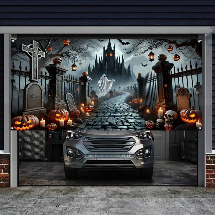 1 Stück lebendiges Halloween Garagentor Cover Banner - Spukhaus Thema Vinyl Kulisse für Gartenparty Dekoration, Große 180x400cm 2D Dekoration