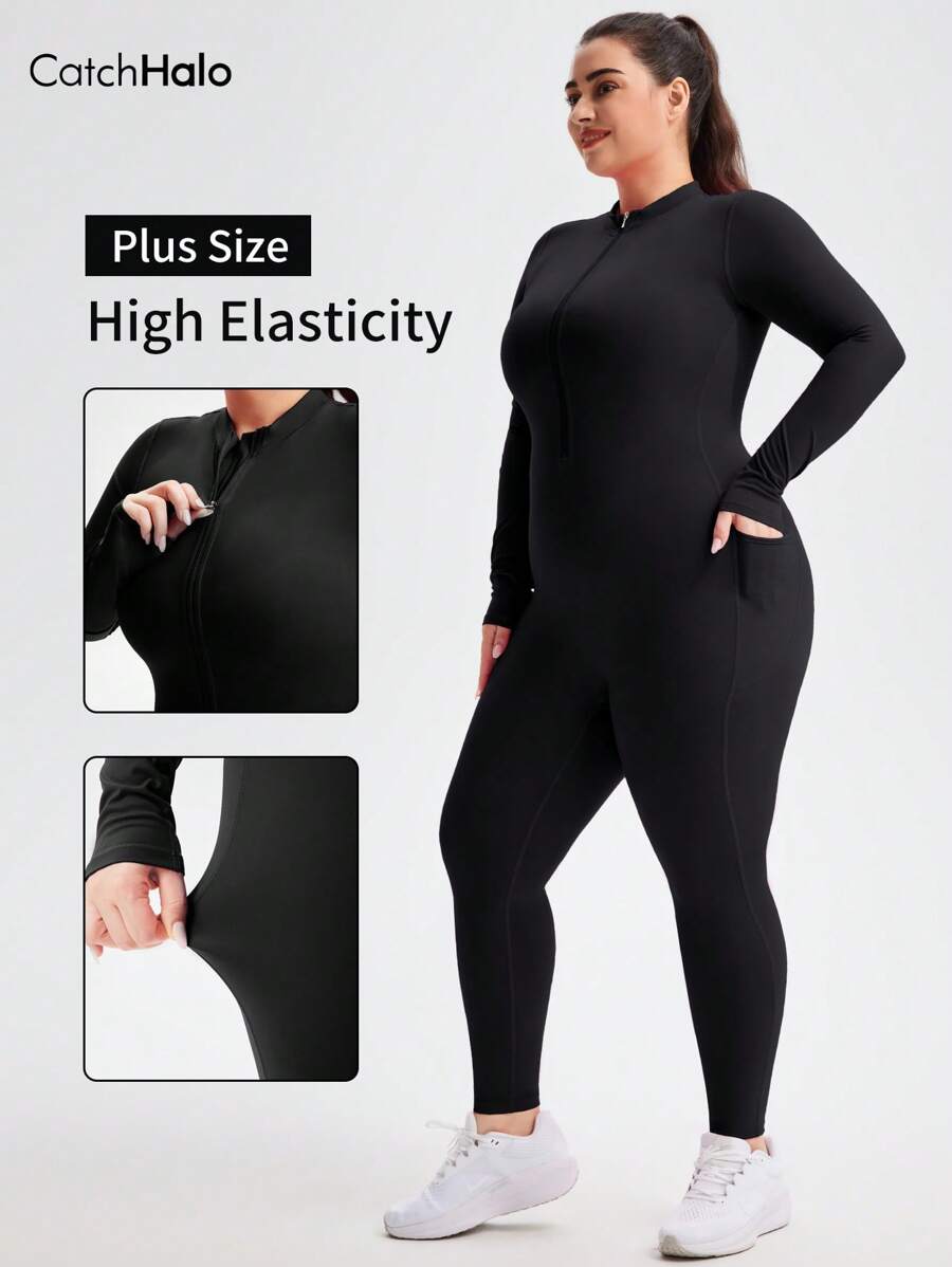 Catch Halo Zip Up 4-Way Stretch Plus Size Bodysuit For Women - Crew Neck & Long Sleeve Jumpsuit With Side Pockets | Tummy Control & Butt Lifting Body Slimming Workout Romper | Breathable Squat Proof Workout Set For Gym, Yoga, Pilate, Running, Cycling (Black, 0XL~2XL)