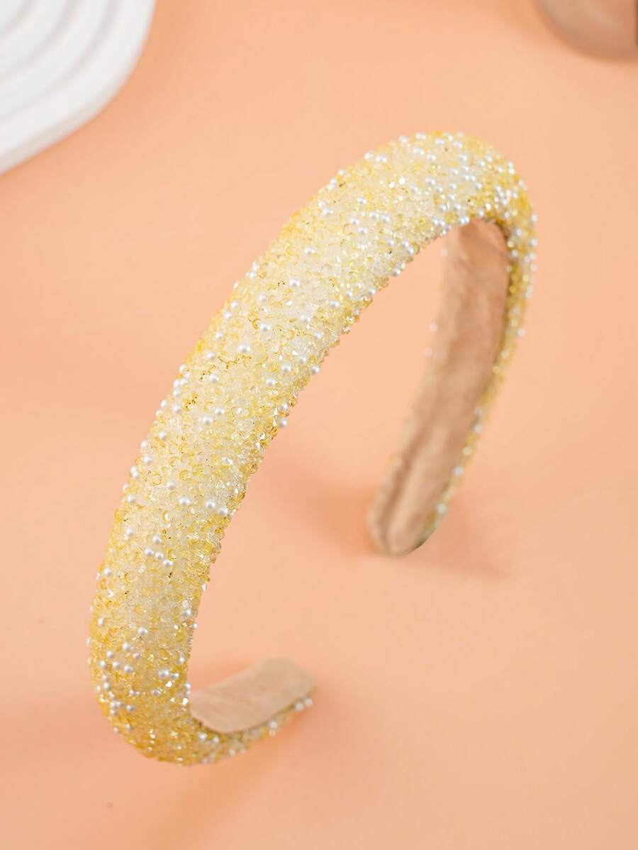 1pc Girls' Yellow Crystal Headband, Fashionable Thick & Wide Headband Suitable For Daily Wear And Gatherings