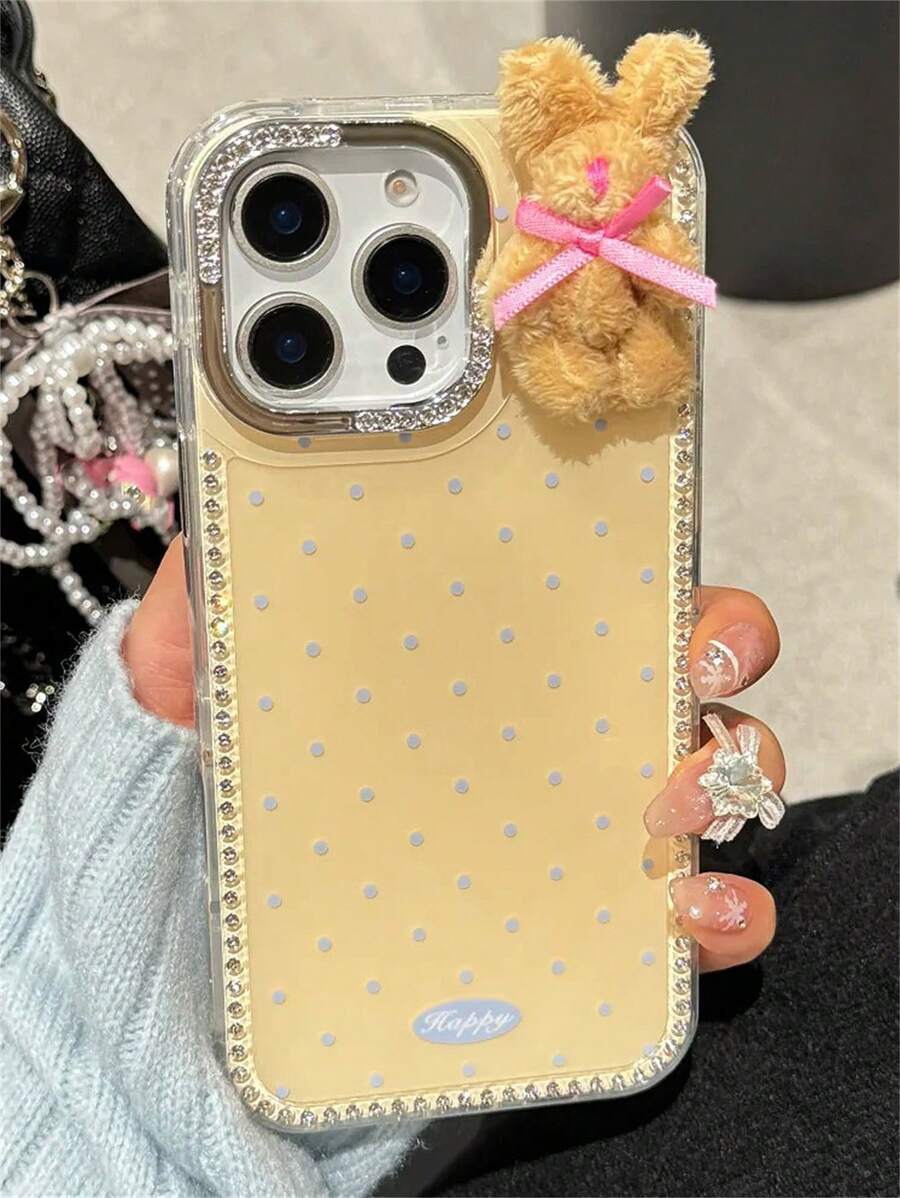 Funda de teléfono con borde de brillo de lujo y lunares con conejo, compatible con iPhone 16, 15, 14, 13, 12 Pro Max, 11, cubierta trasera suave y a prueba de golpes, regalo para pareja, novia o amiga