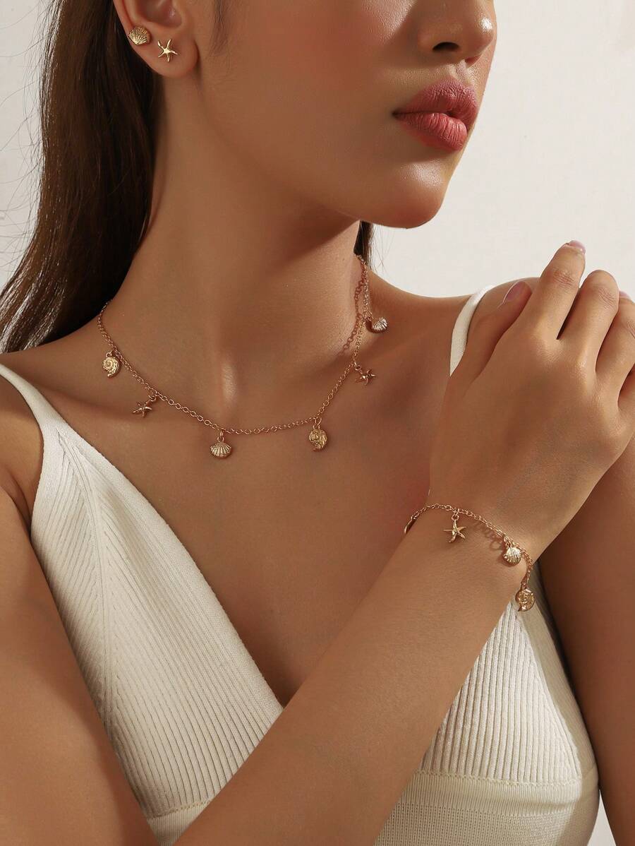 1 Set Of 4pcs Minimalist Alloy Starfish, Scallop, Shell, Conch Earrings, Necklace, Bracelet Jewelry Set For Women, Holiday & Daily Wear