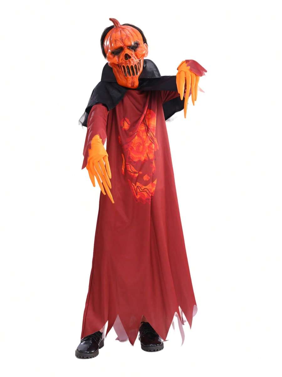 Set costume di Ognissanti da 4 pezzi per bambini, tema demone zucca - maschera spaventosa, accappatoio, mantella e guanti per andare a chiedere dolcetti, cosplay, feste e travestimenti da bambini