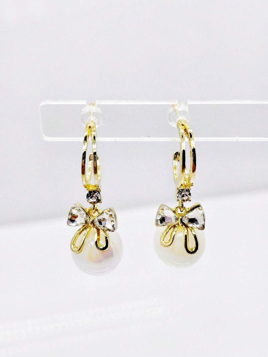1 Pair New Mermaid Pearl Shiny Bow Earrings For Women, Elegant French Style Versatile Charming Personalized Earrings
