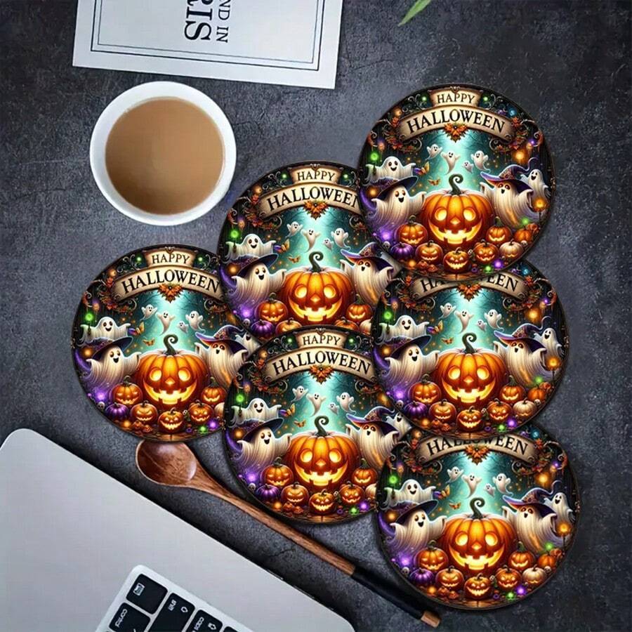 Set de 4/6 posavasos de calabaza de Halloween, diseño de calabaza y fantasmas, adecuado para decoración del hogar y fiestas de Halloween, decoraciones de Halloween, decoración otoñal linda